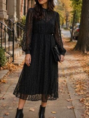 NWT Nümph Black Textured Midi Dress 2-in-1 Sheer Overlay Long Sleeve Romantic